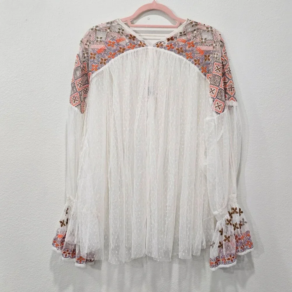 Free People ✦ Boho Tunic Top ✦ Ivory Combo Swiss Dot Embroidered Sheer XS NWT - Picture 11 of 13